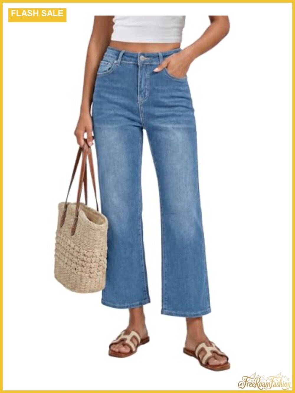 High Waisted Cropped Straight Leg Stretchy Denim Jeans with Pockets